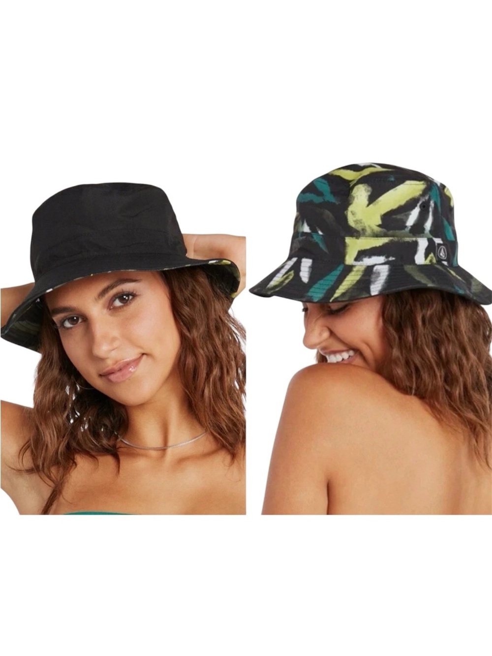 Volcom Reversible Bucket Hat Black Sun Hat Tropical Floral Print Beach Surf OS